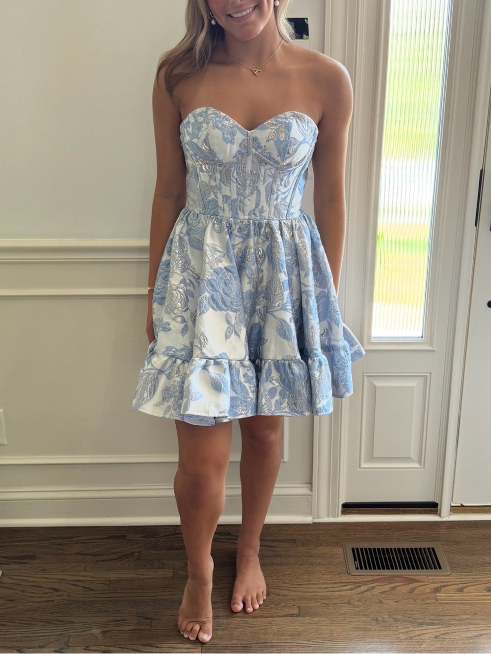 Sherri Hill White & Light Blue Strapless Floral Fit-and-Flare Dress